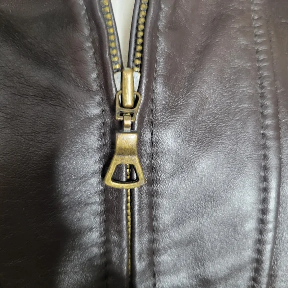 A.N.A. a.n.a Brown Leather Genuine Lambskin Jacket Faux Fur Collar Womens L Moto - Picture 5 of 13